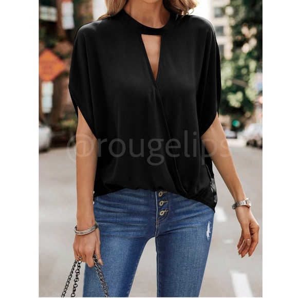 Black Keyhole Overlapping Crossover Surplice Blouse Top - Picture 2 of 7